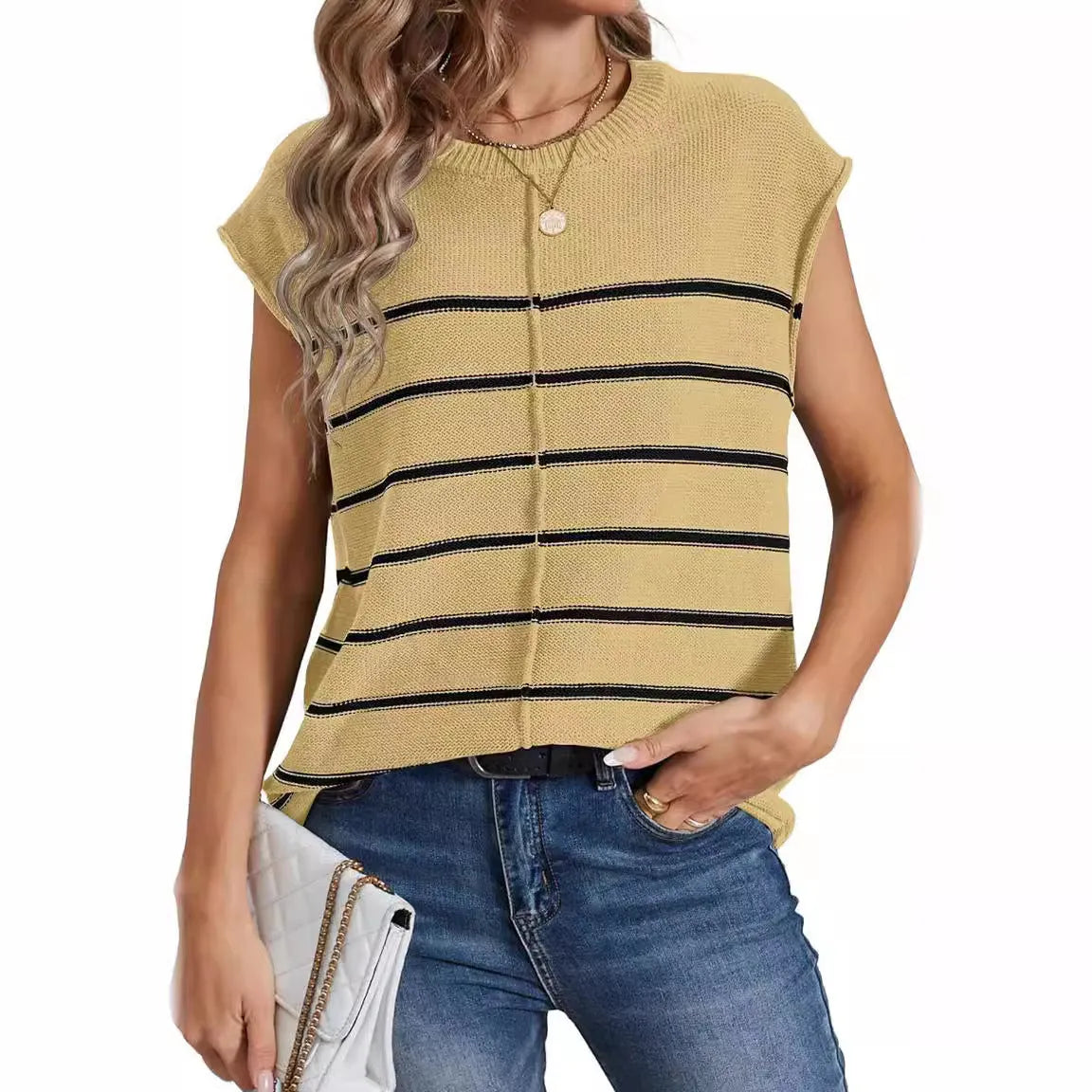 Women's striped sleeveless vest pullover top in acrylic fabric on a hanger