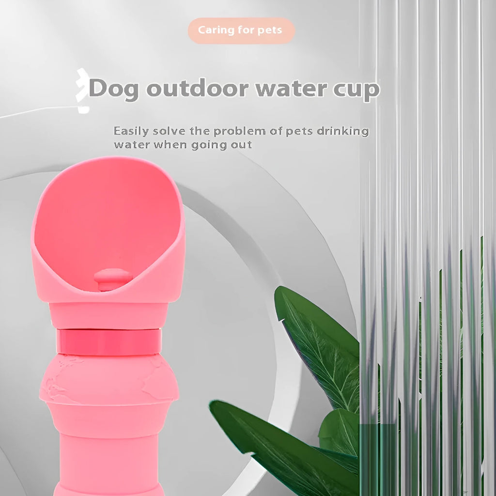 Collapsed and unfolded views of a silicone folding water cup for pets in various colours.
