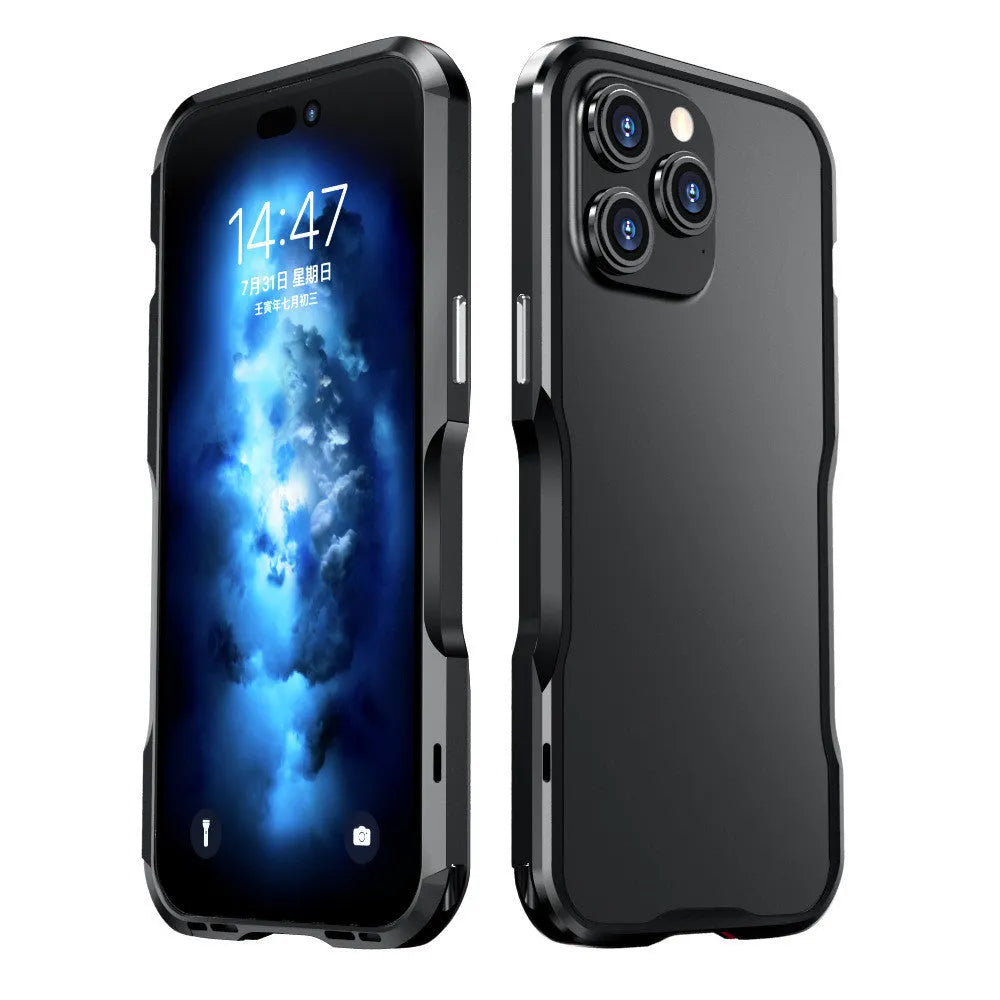 Metal bezel-proof phone case for Apple iPhone 14 series with screw-fit metal frame and secure grip