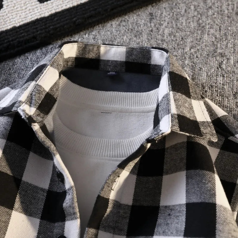 Men's turn-down collar long sleeve flannel shirt in yellow plaid with fleece lining