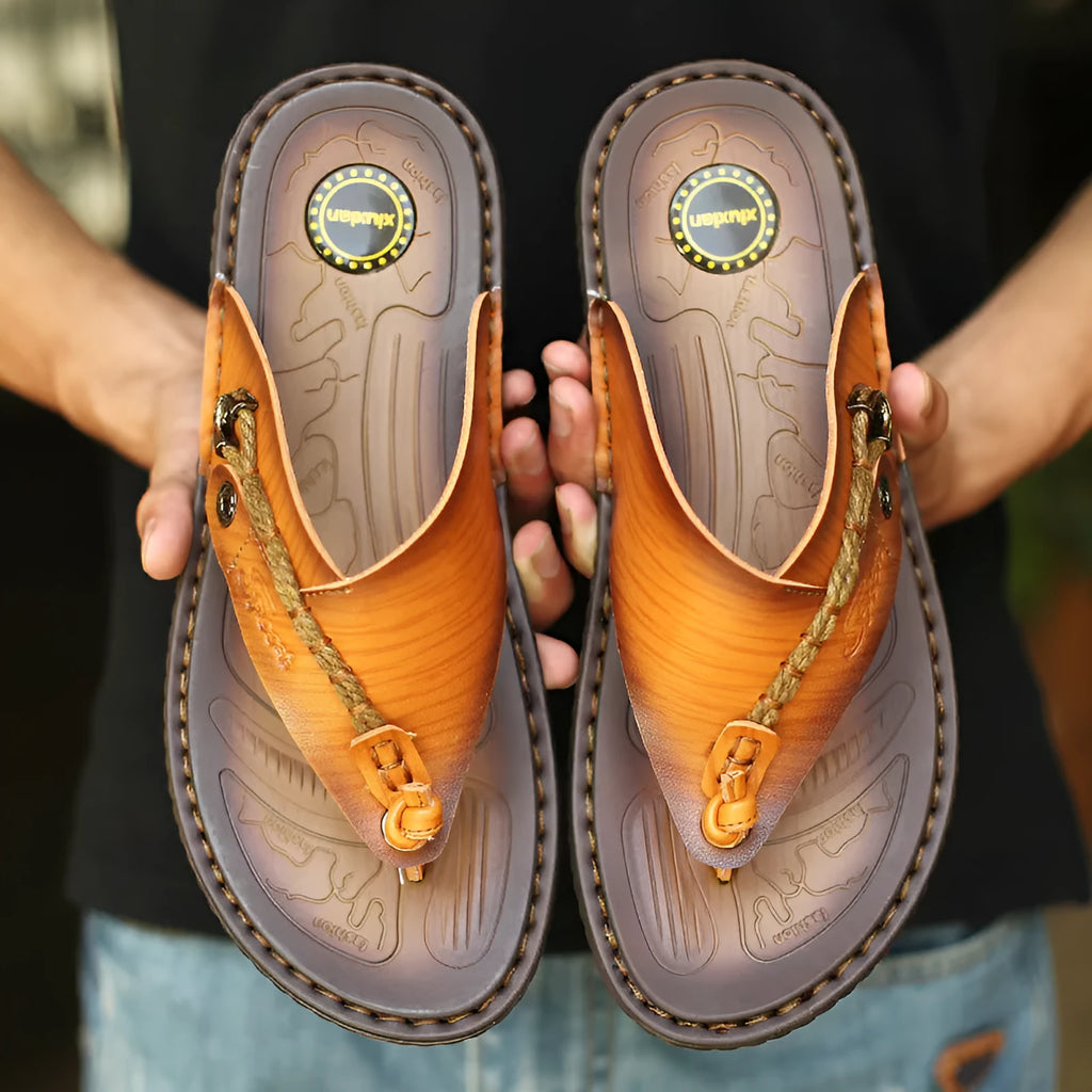 Men's dark blue herringbone pattern outdoor slippers with rubber sole