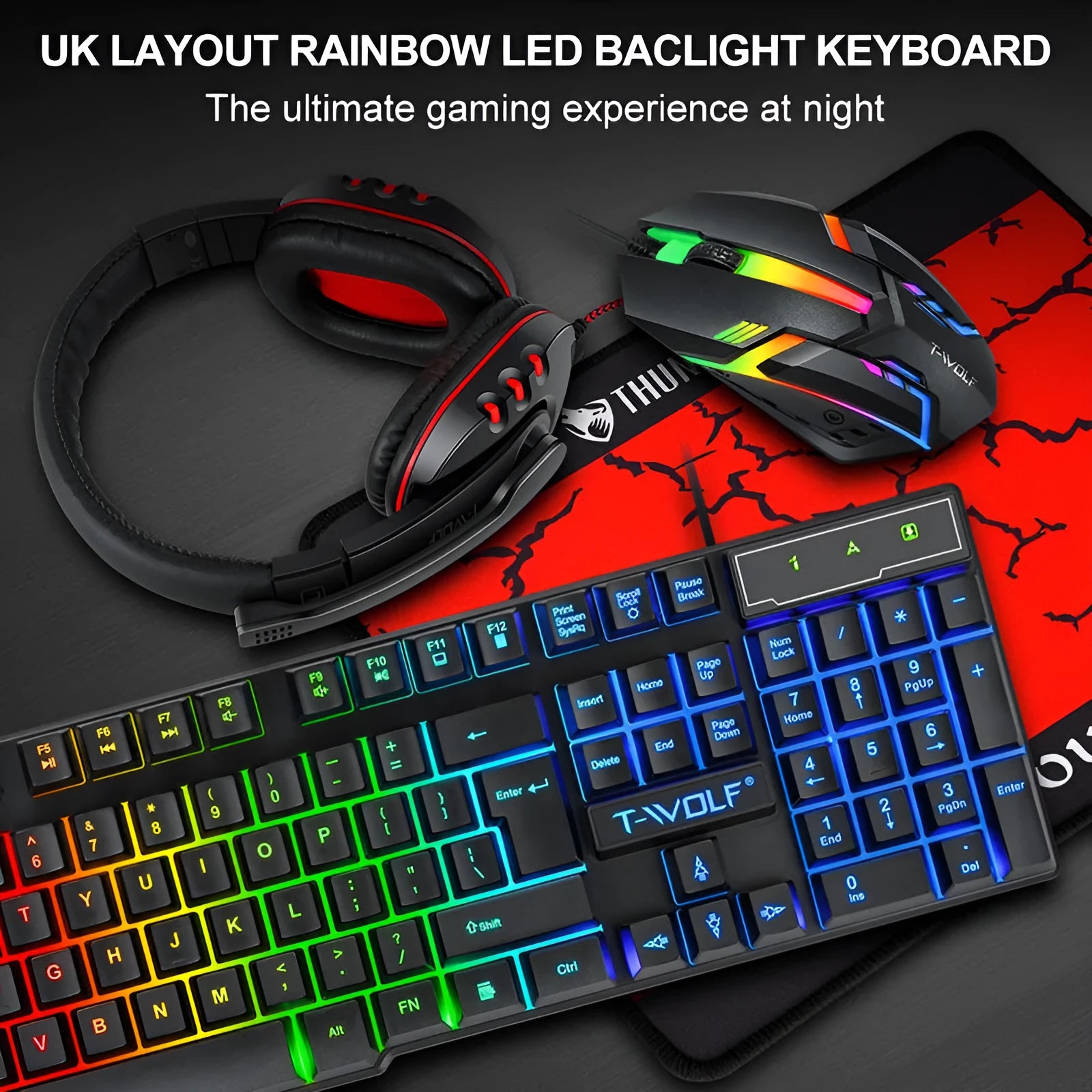 Thunder Wolf T800 four-piece gaming set with keyboard, mouse, headset and illuminated mouse pad