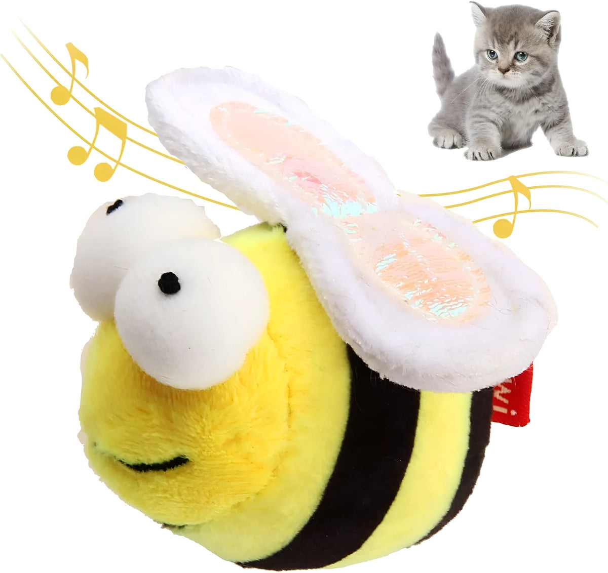 Yellow bee-shaped electronic cat toy with motion-activated squeaker for interactive play