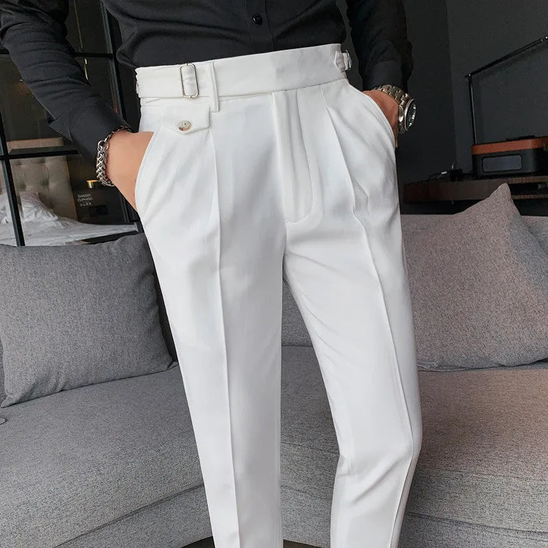 Men's straight-leg casual trousers in solid colours showing straight silhouette and polyester fabric texture