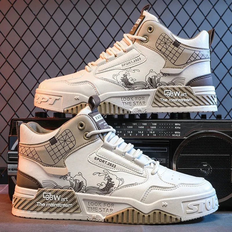 Men's increased height board shoes in beige, white, or blue with rubber soles and mesh lining