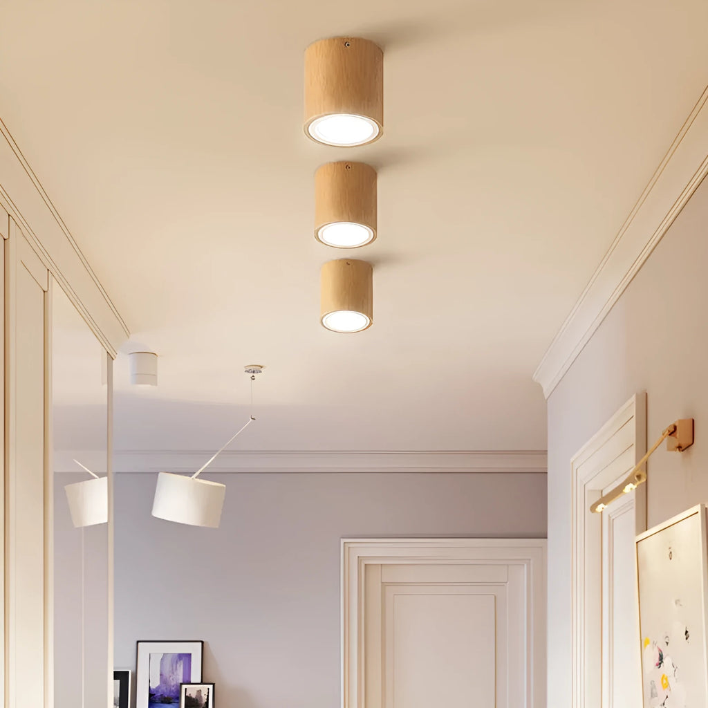 Solid wood surface-mounted round and square downlight for ceiling installation in corridor or balcony.