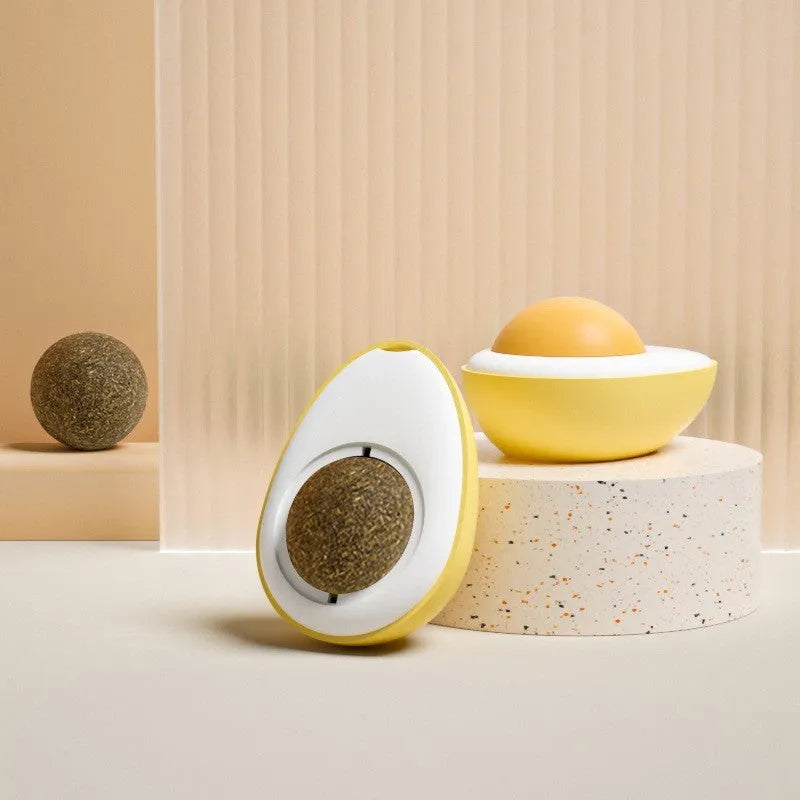 Catnip ball toy in fried egg and poached egg shapes with adhesive backing for wall and floor play
