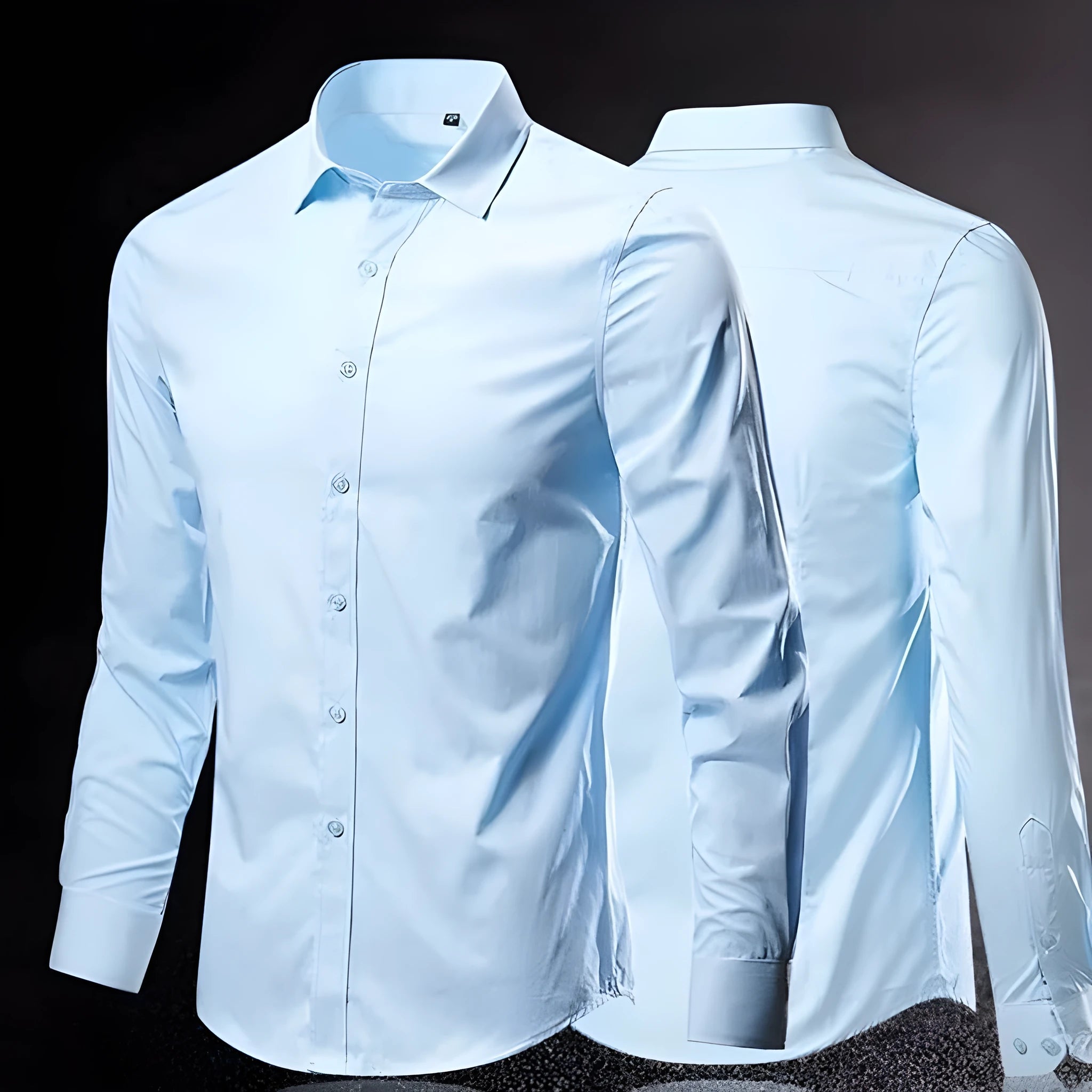 Men's long-sleeve linen shirt in a slim, loose fit on a hanger, shown in a navy blue colour.