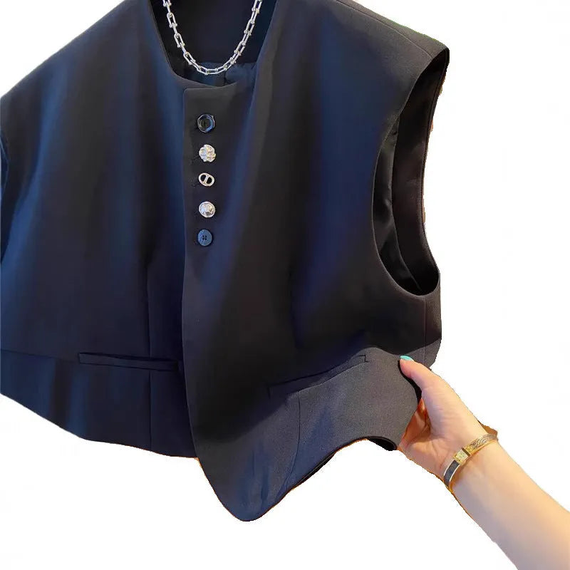 Beige loose-fitting waistcoat bandage dress with a pocket on a model.