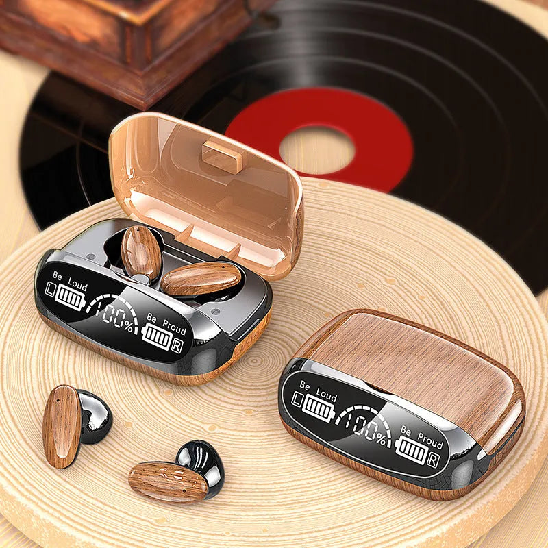 M35 wood grain Bluetooth wireless earphones with charging cabin and accessories