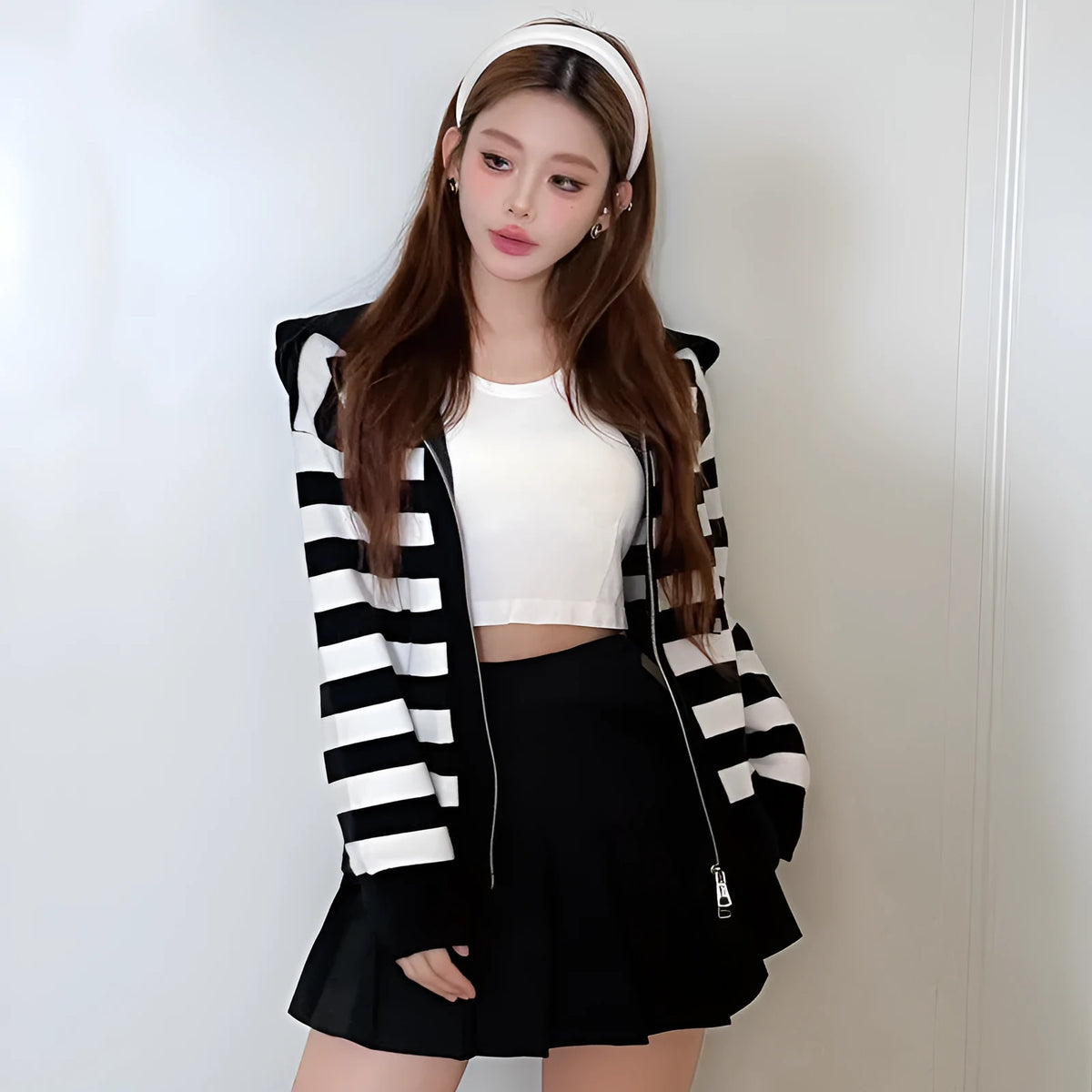 Black striped contrast colour women's hooded zip cardigan, loose knitted cashmere coat, 50cm length, sizes S to XL