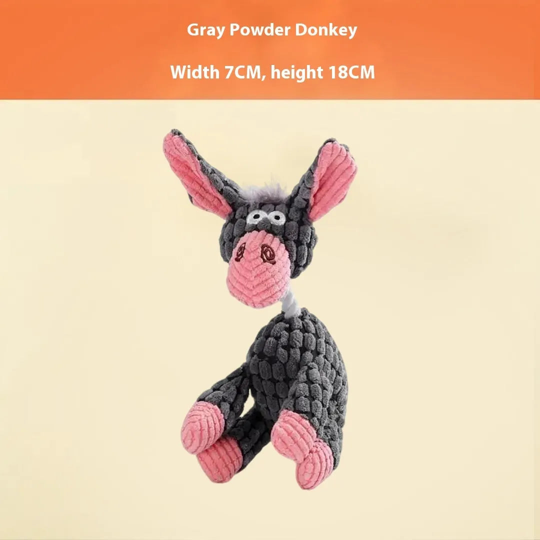 Bite-resistant plush dog toy in styles like blue elephant, rechargeable duck, and donkey.