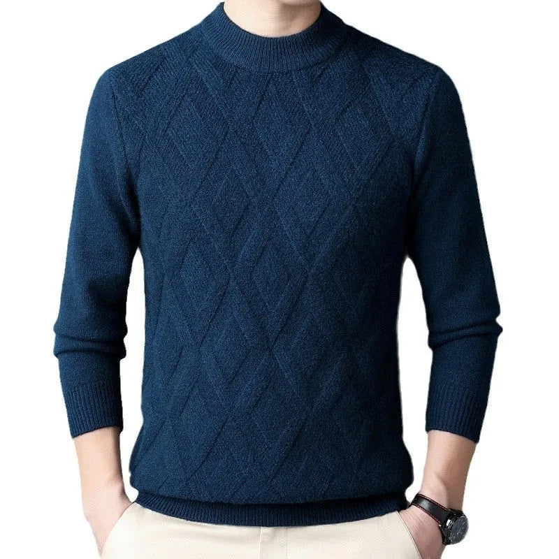 Men's thick wool winter sweater in diamond jacquard pattern with pullover design