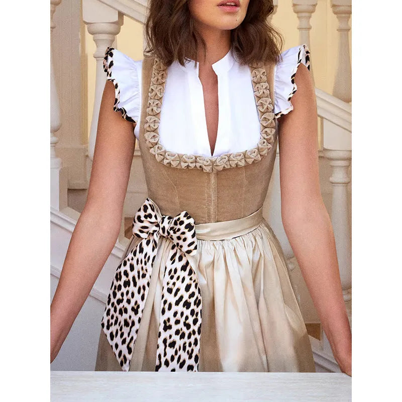 Women's khaki German Oktoberfest beer style dress on a hanger
