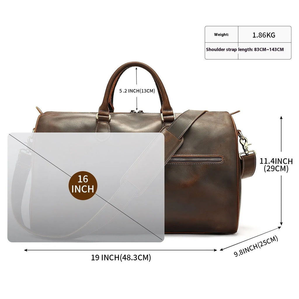 Men's vintage leather crossbody bag in four colours showing dimensions 48.3x25x29cm