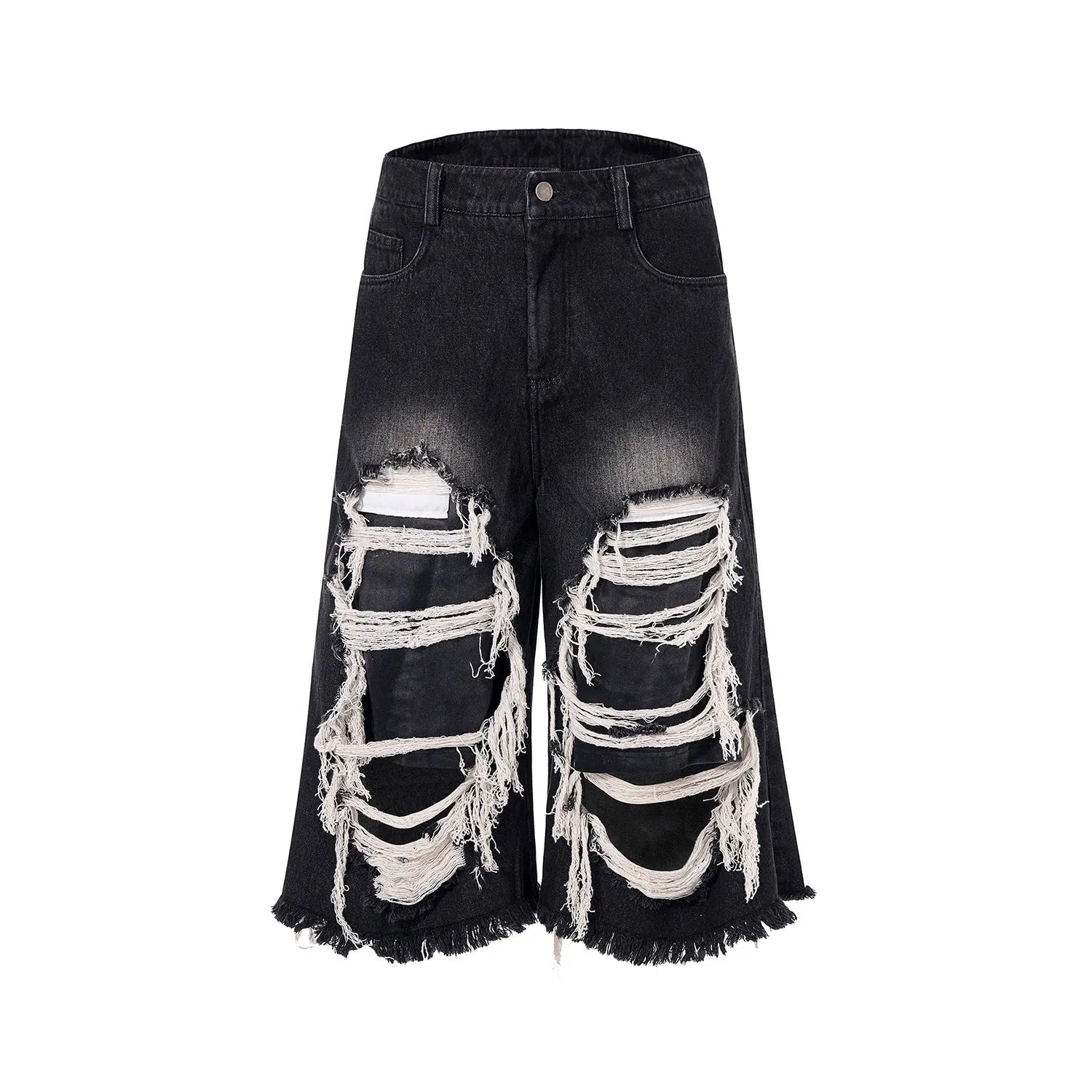 Women's black cropped wide-leg jeans with distressed patch details and mid-high waist