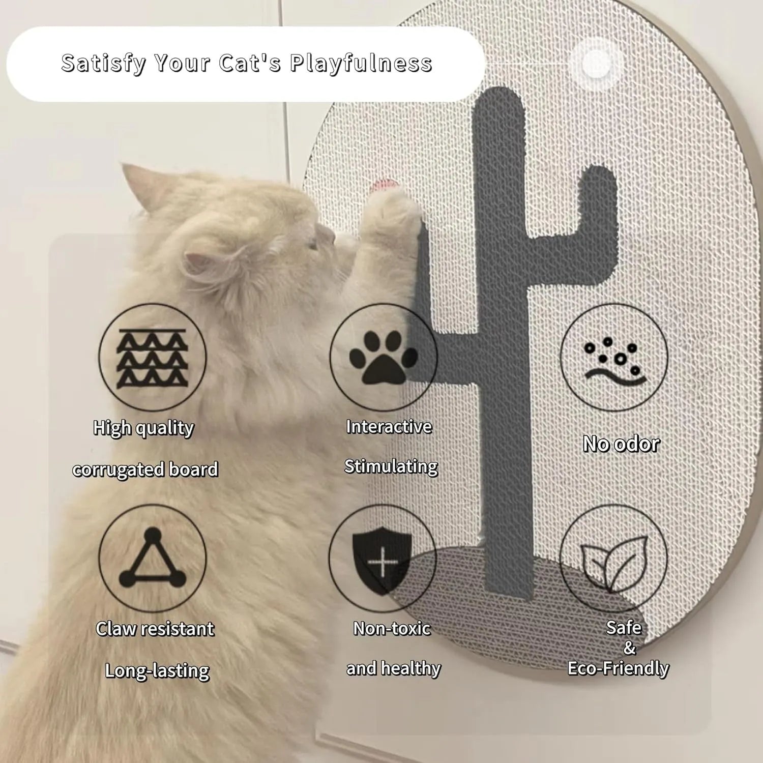 Wall-mounted vertical cat scratcher made of brown corrugated cardboard on a white wall.