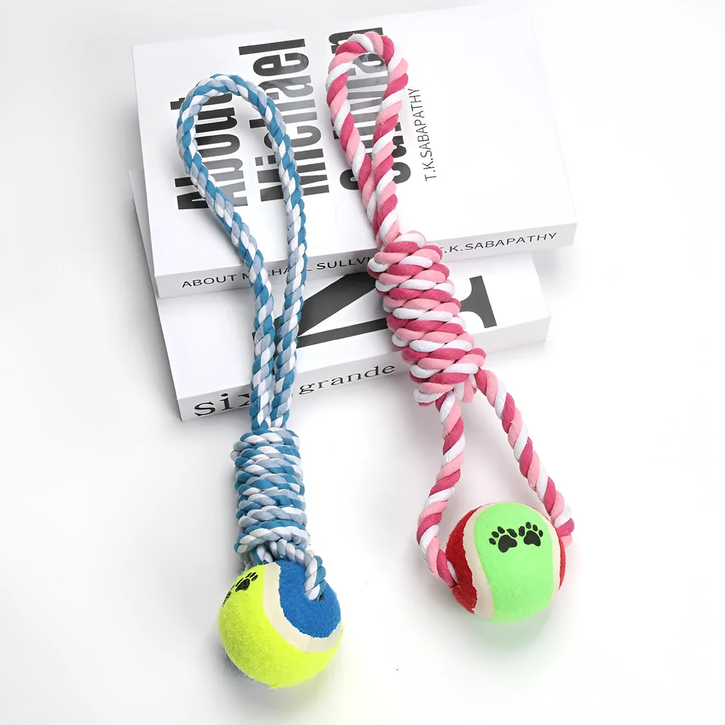 Red, white, and blue cotton rope tug toy for dogs, shown at its 38cm length.
