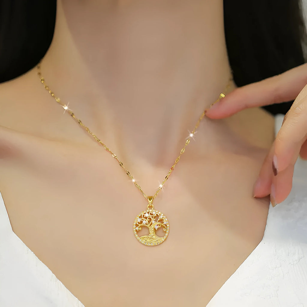 Gold-plated necklace with mother-of-pearl pendant inlaid with rhinestones and zircon on an adjustable chain