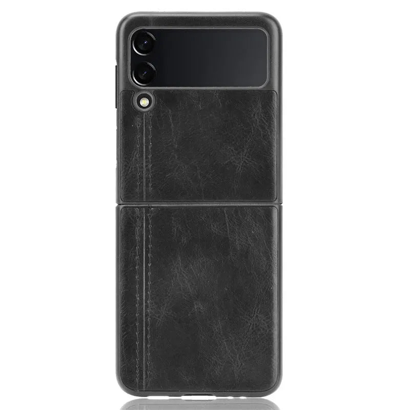 Cow pattern car thread PC leather phone case for Samsung Galaxy Z Flip 3 and Z Flip 4 in black, blue, wine red or yellow.