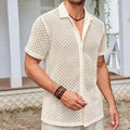 Men's beige mesh short sleeve shirt cardigan on hanger