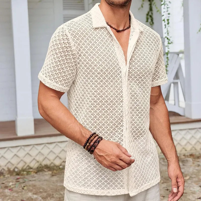 Men's beige mesh short sleeve shirt cardigan on hanger
