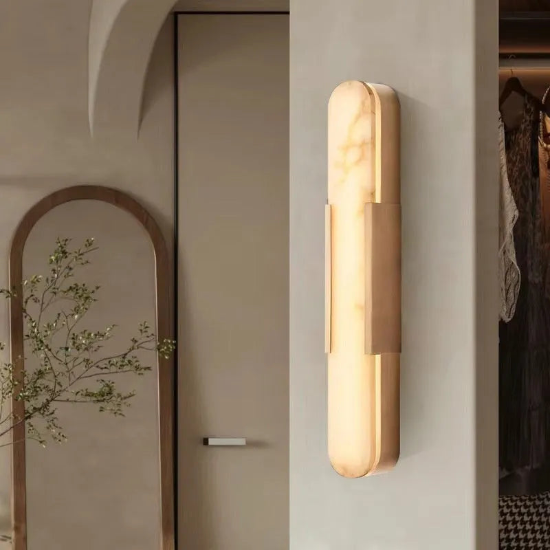 Modern natural marble stone wall lamp with iron body, LED warm light, black or gold, Style B 35cm