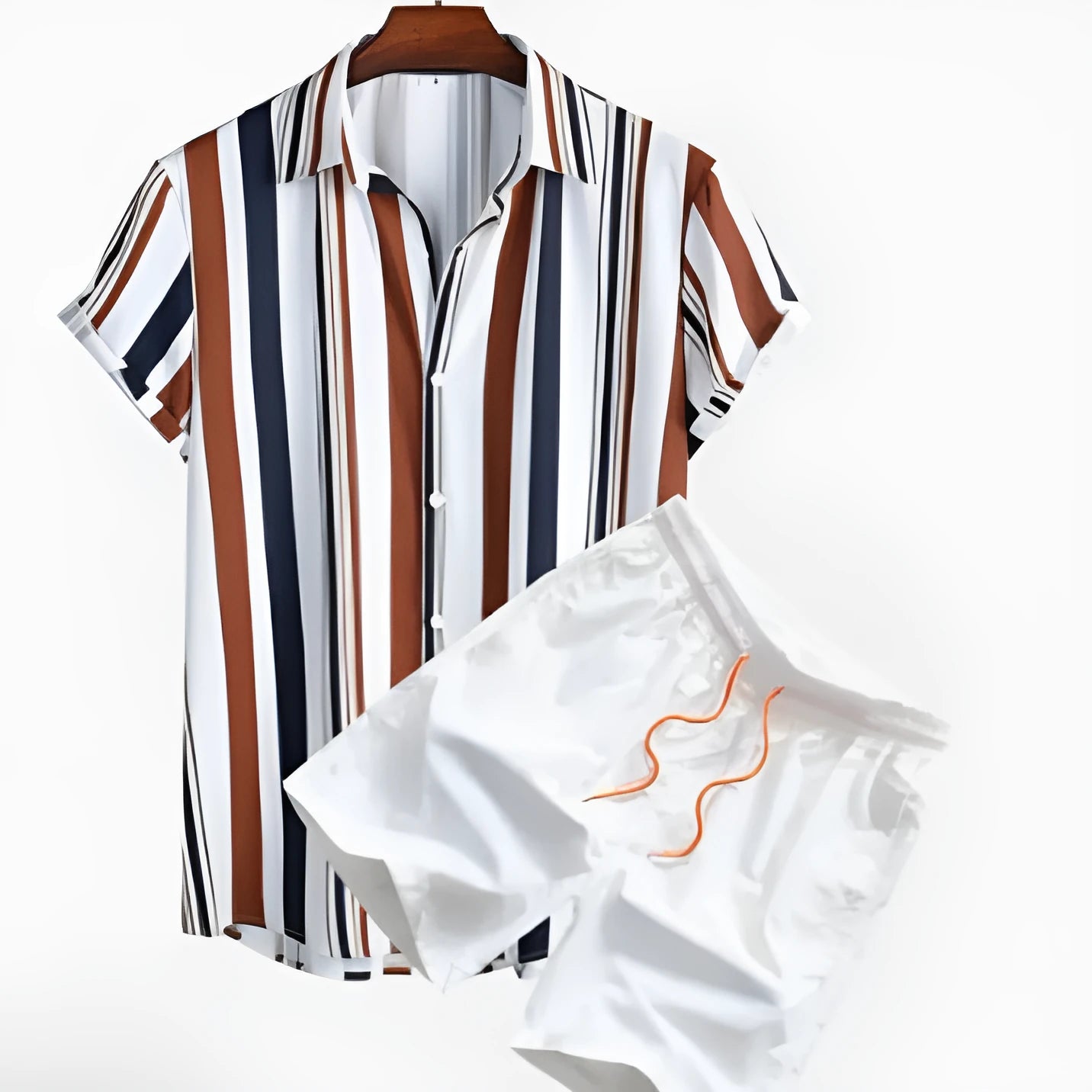 Men's digital print casual suit featuring a short sleeve cardigan and matching elastic polyester shorts.