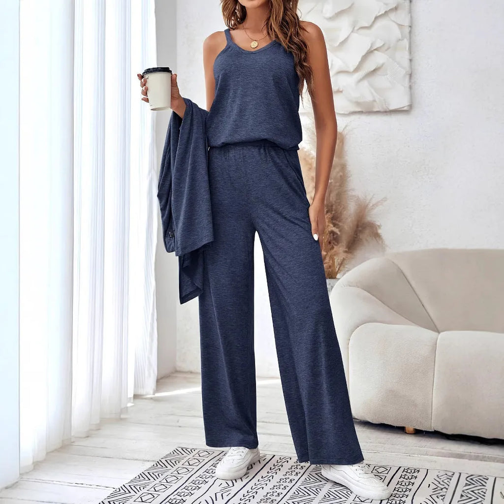 Blue women's casual co-ord suit with long sleeve cardigan and trousers on a hanger