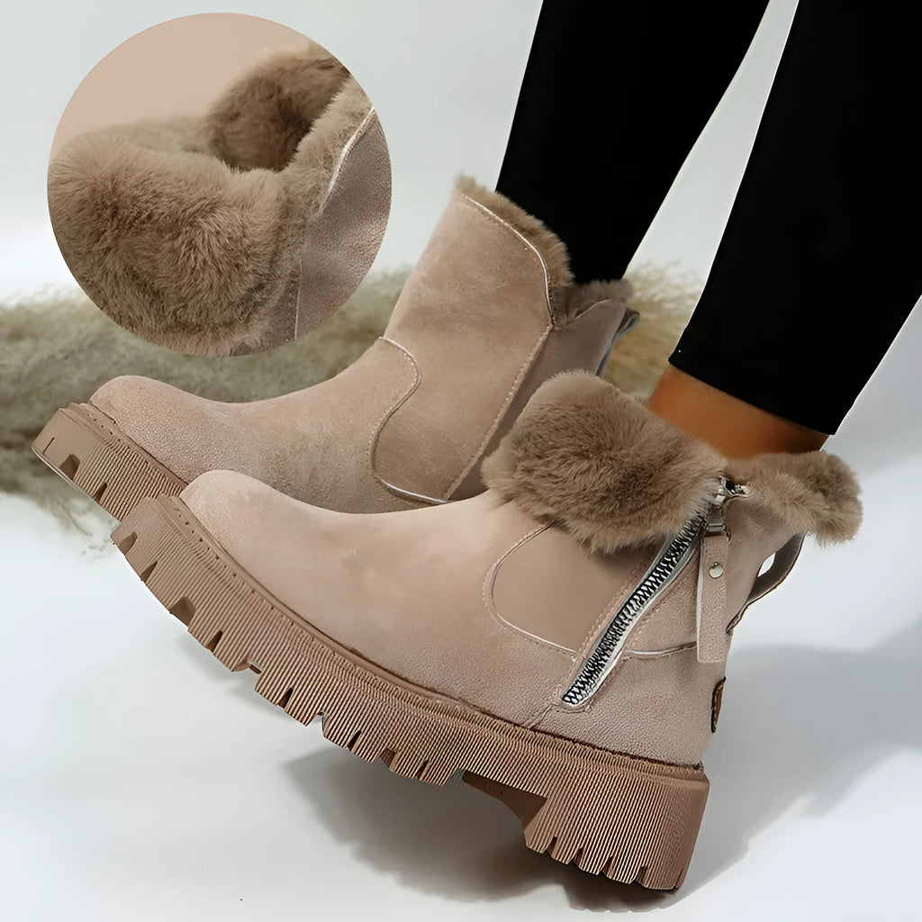 Women's black high-top snow boots with side zipper and faux fur lining shown alongside khaki colour option