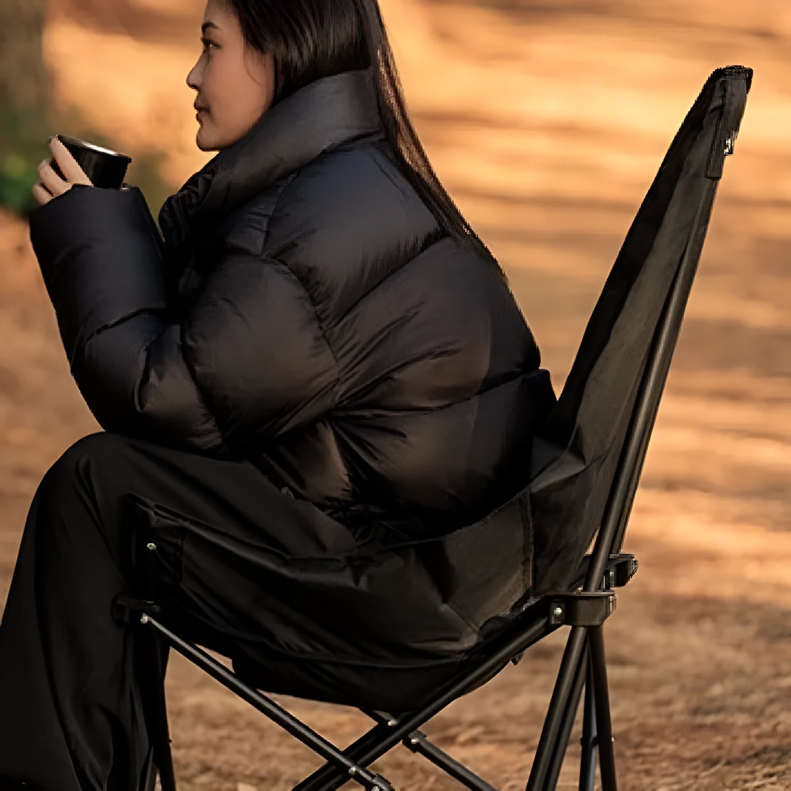 Night Black portable folding camping recliner chair with Oxford cloth fabric.