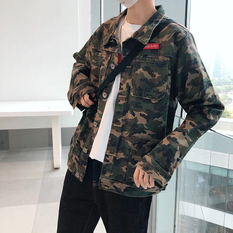 Men's camouflage denim jacket in cotton with sizes M to 5XL and measured shoulder, chest and sleeve lengths