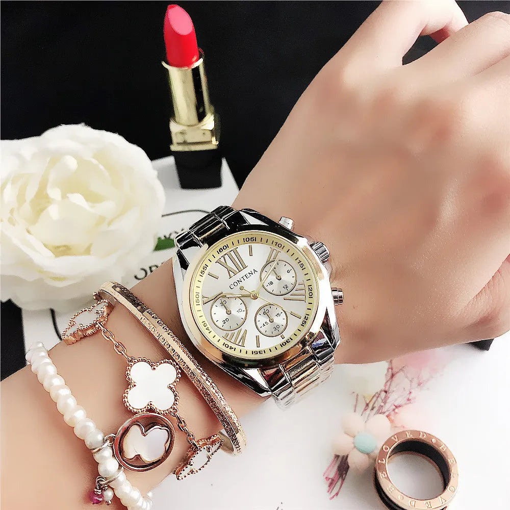 Women's quartz watch with metal mesh strap and crystal-accented dial in rose gold