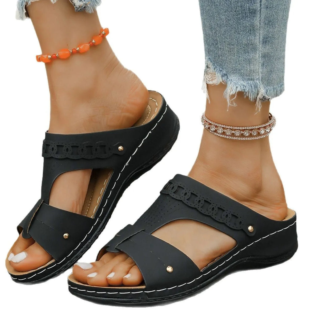 Slope heel Roman sandal slippers with fish mouth toe in blue, showing PU upper and rubber sole.