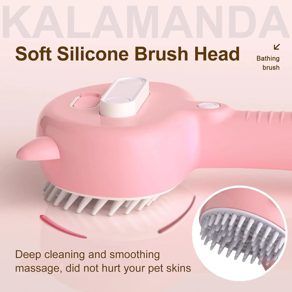 Blue 4-in-1 cat steam brush with ergonomic handle and release button for pet grooming