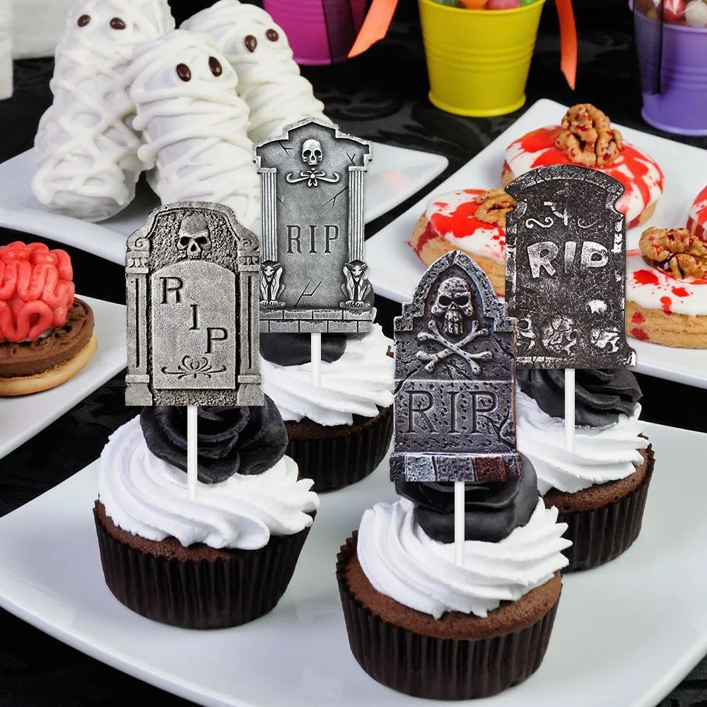 Halloween cake decoration flags, 12 paper tombstone-style small flags in horror theme, Style 1 and Style 2 options