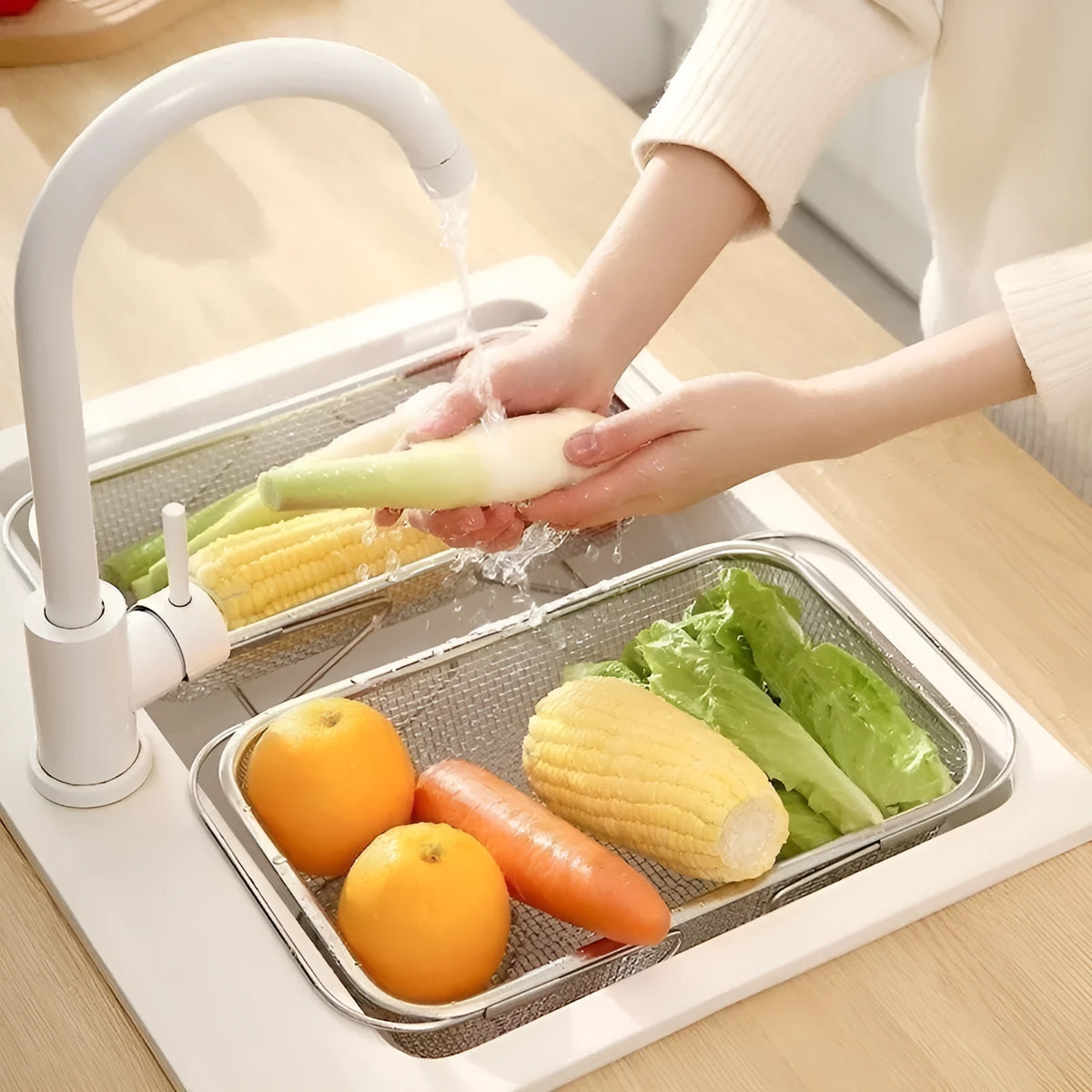 Thickened retractable stainless steel sink rack over a kitchen sink, detachable draining and storage rack, simple style, Extra Large or Large Size
