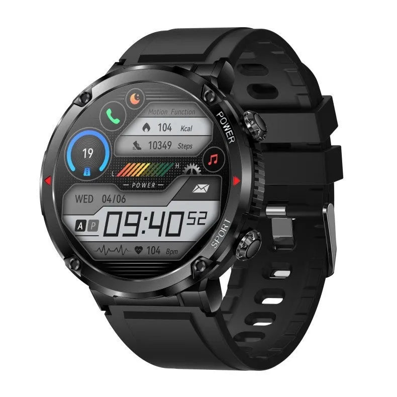 T30 Smart Watch in black on wrist, showing watch face with health stats and call notification.