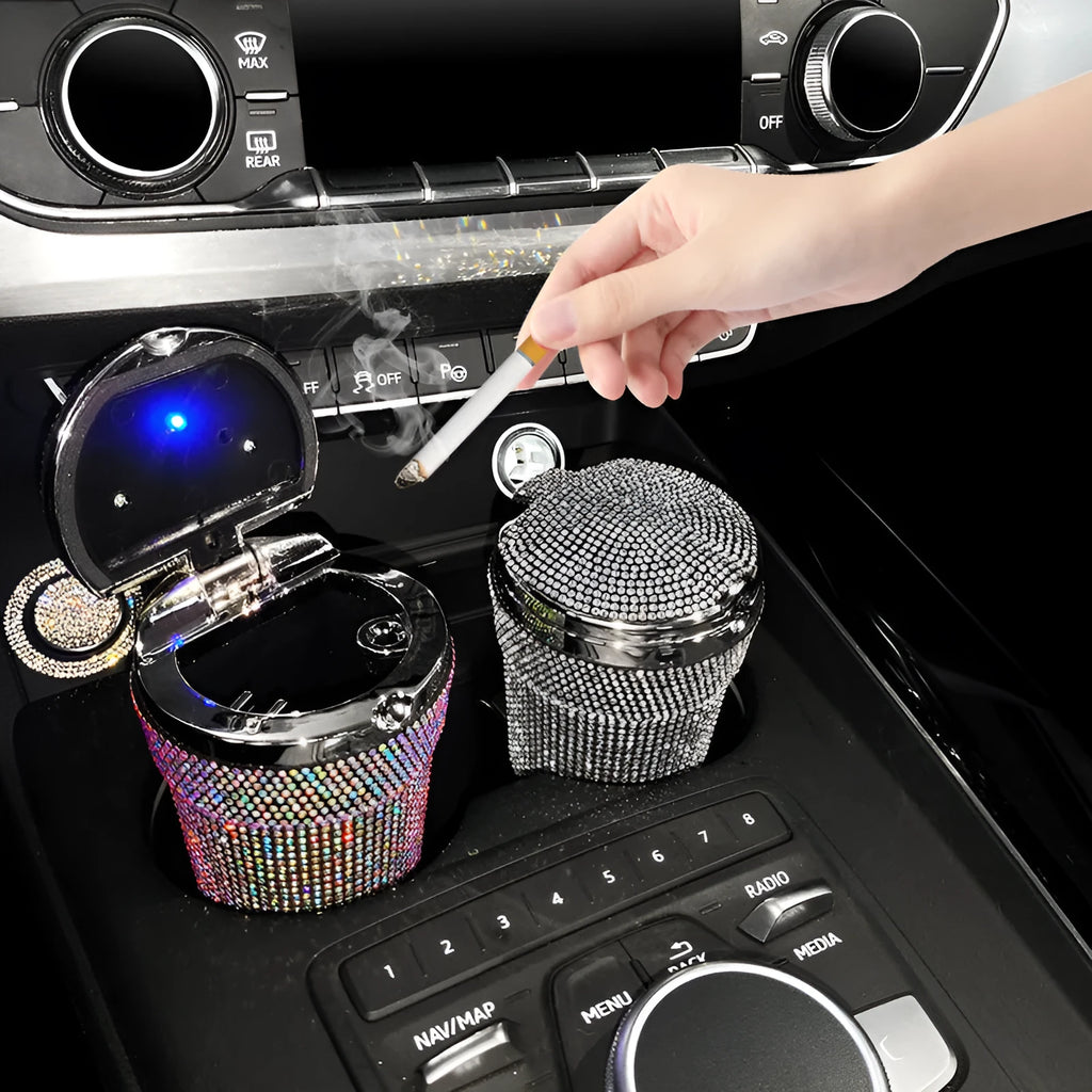 Covered car ashtray with diamond inlay, plastic and rhinestone, 7.5 x 7.5 x 9.5cm, in Black Diamond style