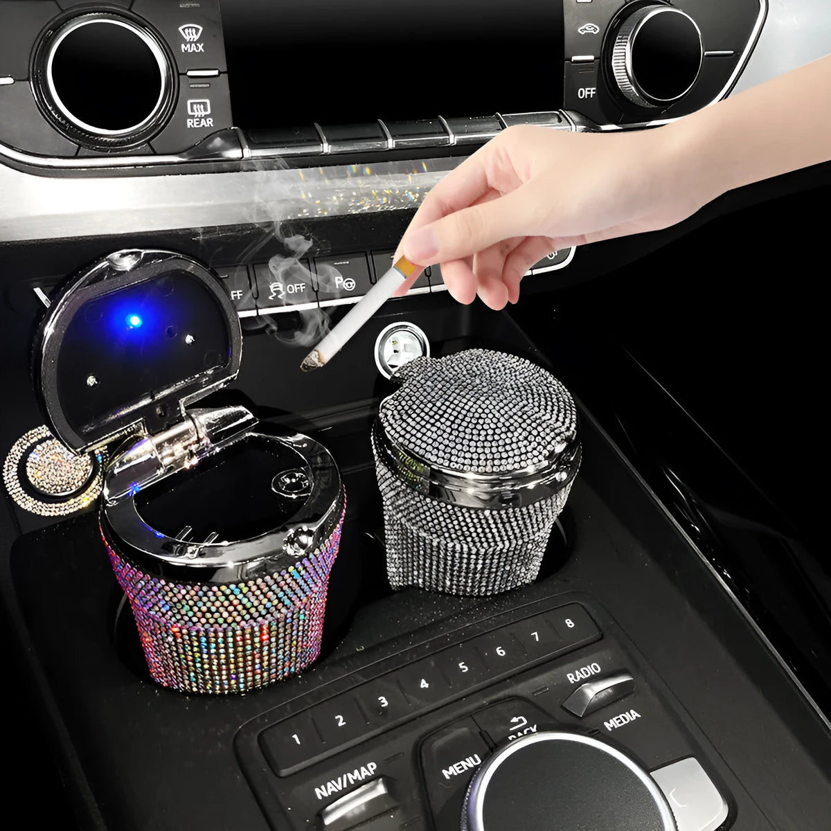 Covered car ashtray with diamond inlay, plastic and rhinestone, 7.5 x 7.5 x 9.5cm, in Black Diamond style