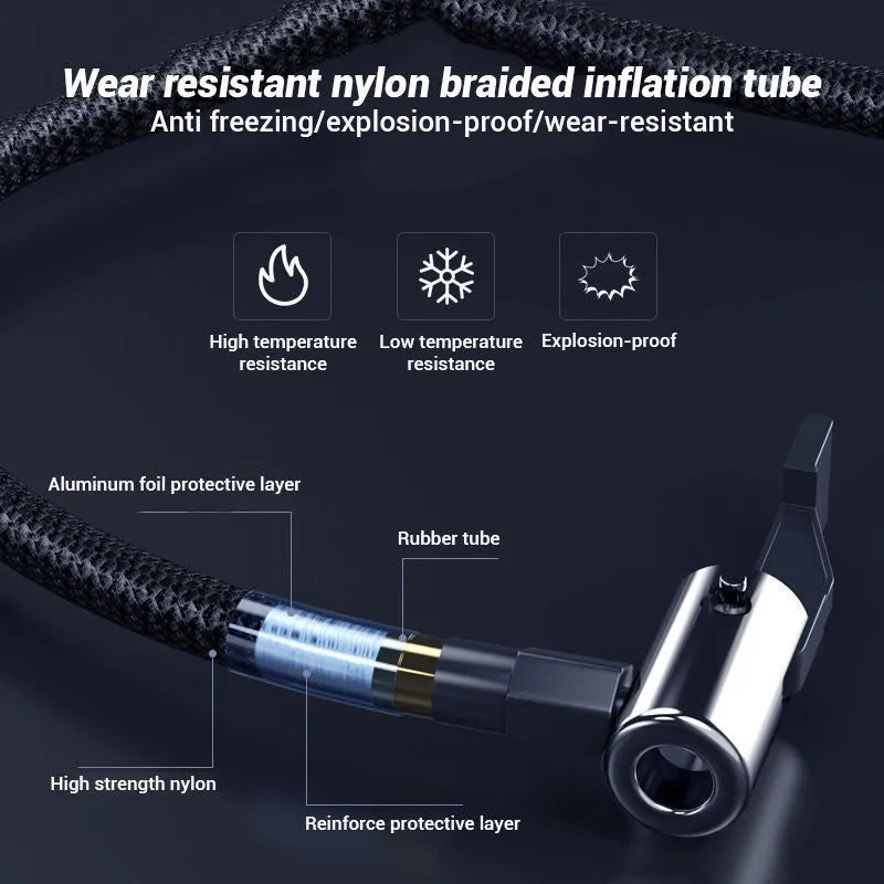Wireless digital display air pump with compact design and multiple nozzle attachments for tyre inflation