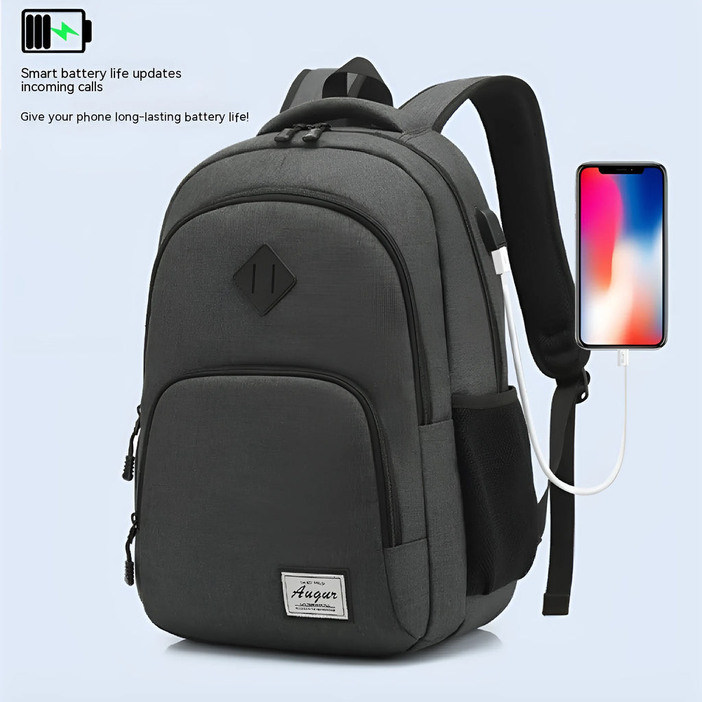 Grey nylon backpack with USB charging port and trolley attachment strap