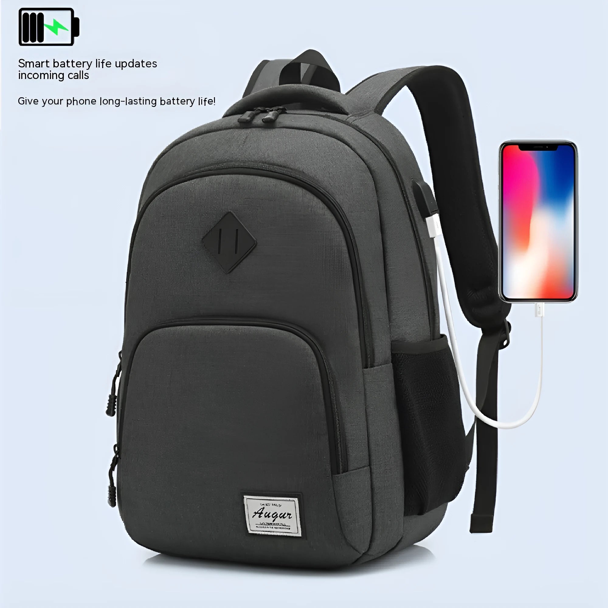 Grey nylon backpack with USB charging port and trolley attachment strap