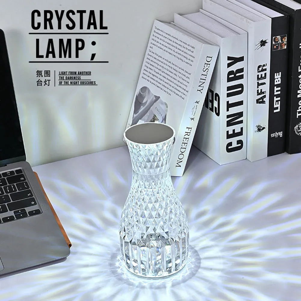 Crystal vase table lamp with remote control measuring 19cm tall on wooden bedside table