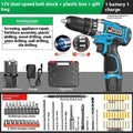 12V dual speed impact pistol drill and electric screwdriver set inside a grey plastic storage case.