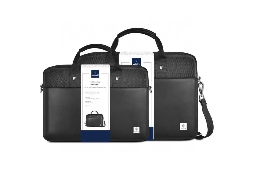 Black Oxford cloth laptop backpack with multiple pockets and a lock, shown in 14 inch and 15.6 inch sizes.