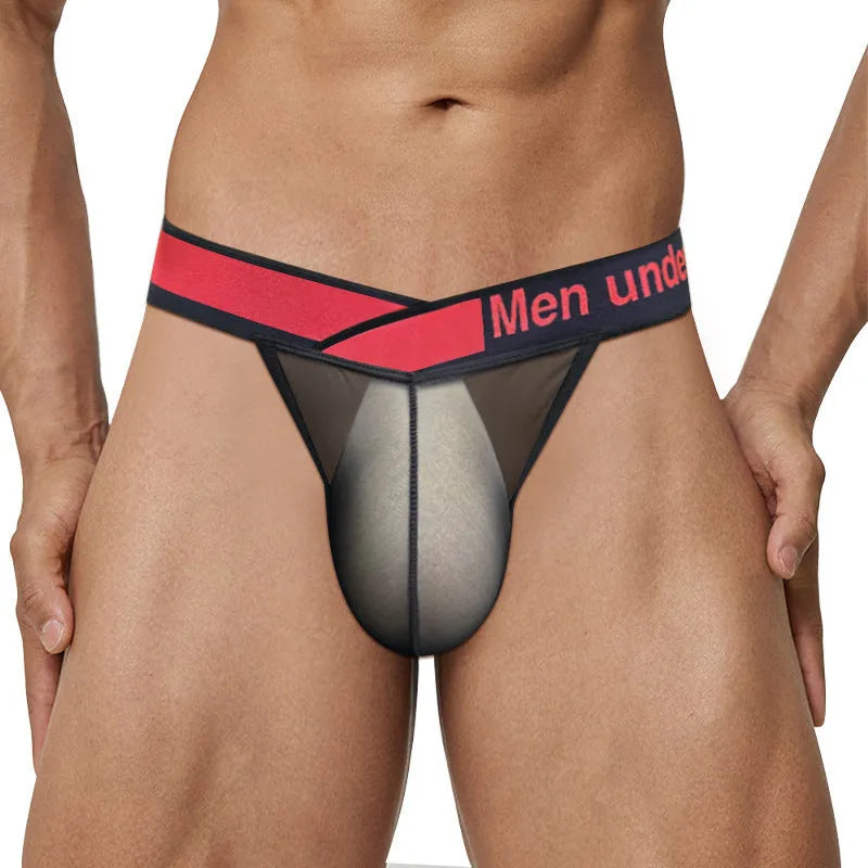 Men's transparent ice silk underwear with large V gradient design in red colour showing low-waist briefs style