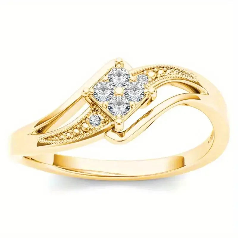 Yellow gold copper diamond ring with geometric design and inlaid zircon detailing