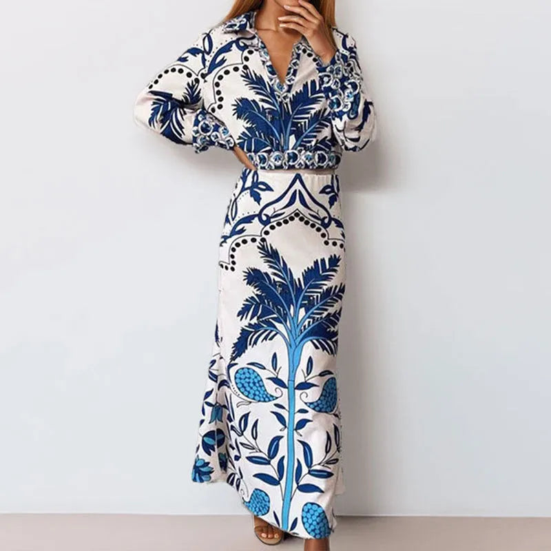 Women's casual two-piece co-ord set with long sleeves and long skirt for early spring wear