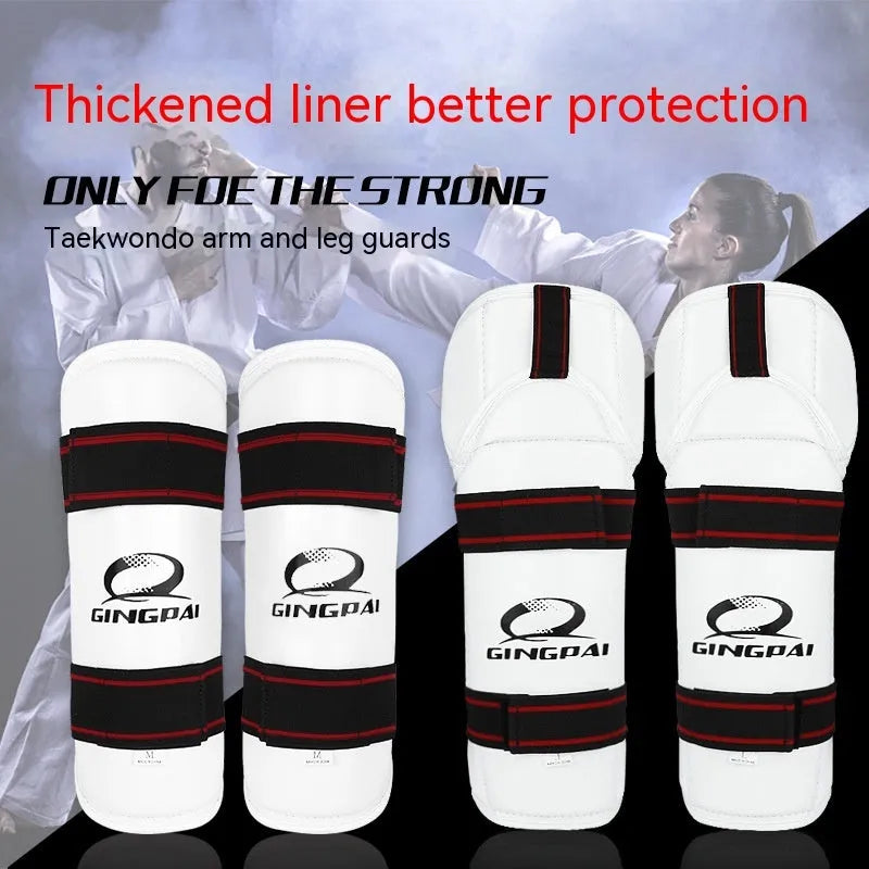 Taekwondo protective gear set including PU EVA arm guards and leg protectors in black for martial arts training